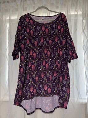 LuLaRoe Dark Purple Floral Print Swing Tunic with Pink and Green Accents